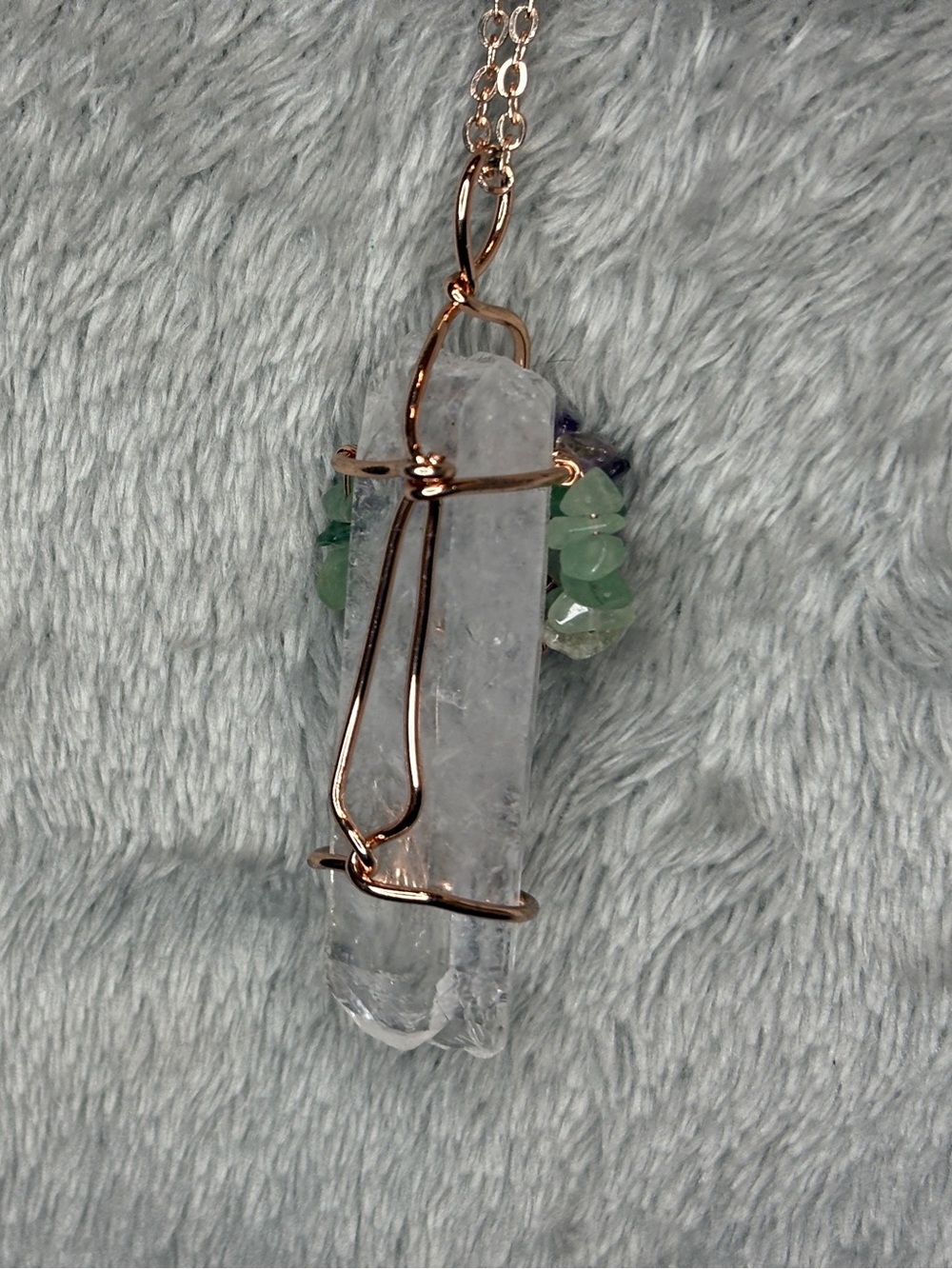Rose Gold Wire-Wrapped Crystal Tree Pendant Necklace in Purple and Green - Picture 4 of 7